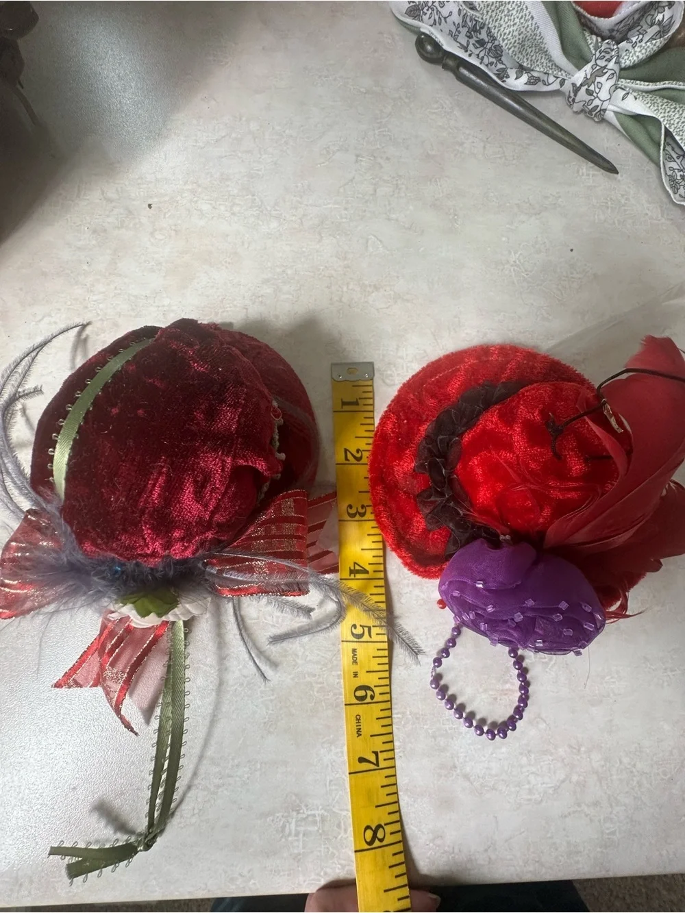 Red Hat Society Assorted Feathered Mini Fascinator Ornaments - Pink & Purple